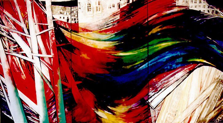 Triptychon-Bild, "Bedrohte Landschaft", Tempera auf Leinwand, 430 x 230 cm, verkauft