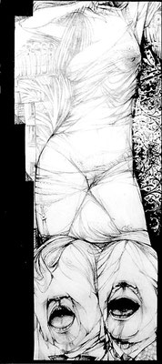 Zeichnung, "Das Gerücht", Tusche / Kreide auf Papyrus, 120 x 240 cm