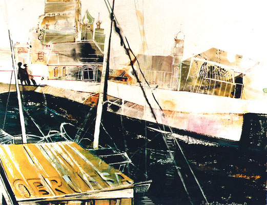 Bild, "Zollhafen", Gouache, 90 x 70cm, (im Besitz der Stadt Bruchsal)