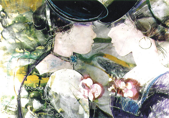 Bild, "Nachbarinnen, Mischtechnik", 100 x 70 cm