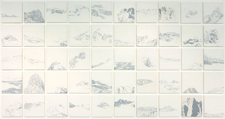 50 kleine Landschaften<br />2011<br />Acryl und Lack auf MDF<br />je Bild 20,7 cm x 20,7 cm