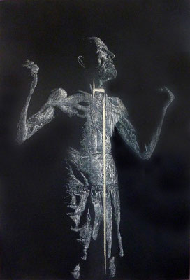 Toxic man<br />2023<br />Tusche, Acrylfarbe und Lack auf Baumwolle<br /> 180 cm x 120 cm