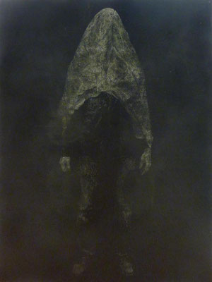 Geist<br />2025<br />Tusche, Acrylfarbe und Lack auf Baumwolle<br /> 160 cm x 120 cm