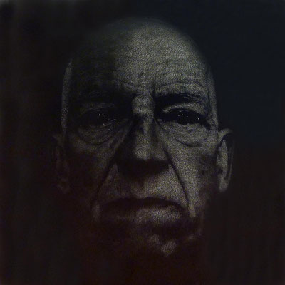 Hans Heinrich<br />2025<br />Tusche, Acrylfarbe und Lack auf Baumwolle<br /> 180 cm x 180 cm