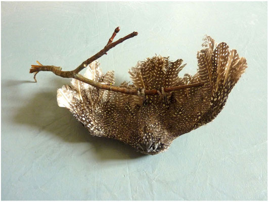 Der Nurflügler<br />2013<br />Styropor, Papiermaché, Glasperlen, Farbe, Fasanenfedern, Draht<br />30 cm x 15 cm x 12 cm