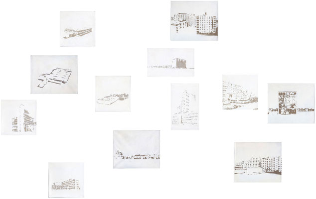 Urban Landscape<br />2013<br />Dispersion und Lack auf Papier<br />2 Bilder je 14,5 cm x 26 cm, 5 Bilder je 19,5 cm x 19,5 cm, 5 Bilder je 25 cm x 21,5 cm