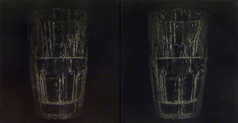 50/50<br />2024<br />Tusche, Acrylfarbe und Lack auf Baumwolle<br /> 40 cm x 60 cm