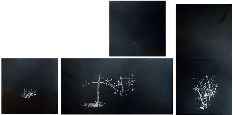 Winterwald<br />2013<br />weisse Acrylfarbe und schwarze Tusche auf Papier<br />je Tafel 80 cm x 80 cm