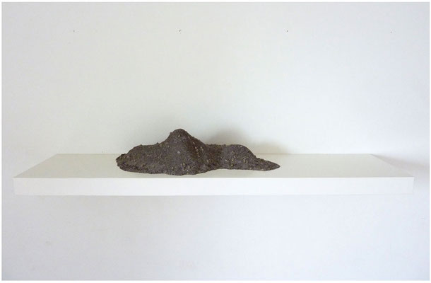 Palermo<br />2011<br />Papiermaché, PVA, Kleber, Blumenerde, Sand, Kieselsteine, Wandregal<br />110 cm x 26 cm x 19 cm