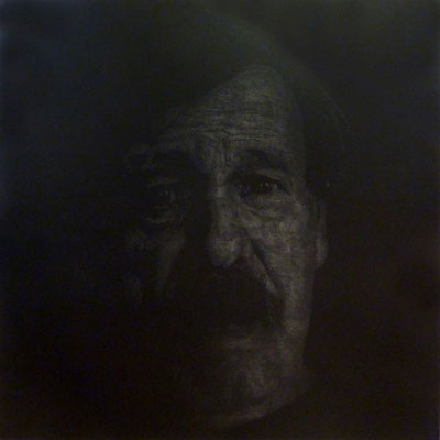 Mario<br />2022<br />Tusche, Acrylfarbe und Lack auf Baumwolle<br /> 180 cm x 180 cm