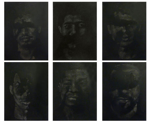 Invisible<br />2023<br />Tusche, Acrylfarbe und Lack auf Baumwolle<br /> Bild je 40 cm x 30 cm