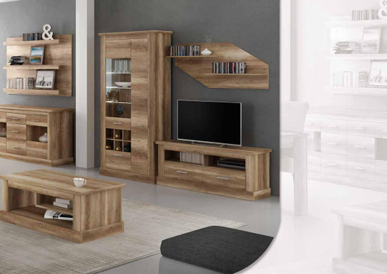 VITRINA ALTA LUCES LEDS PRECIO KIT: 267€ RESPALDO CHAFLAN 2 ESTANTES PRECIO KIT:40€ BAJO TV 2C PRECIO KIT: 146€MESA CENTRO PRECIO KIT: 110€