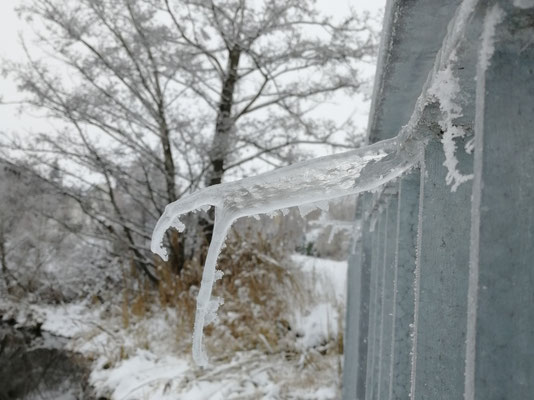Eiszapfen an einem Brückengeländer