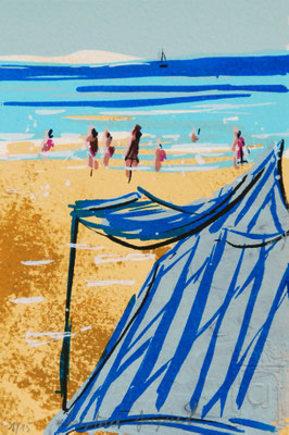 Plage de Dinard en Bretagne, sérigraphie originale d'un paysage de bord de mer en France, cabine de plage et baigneurs, 15 exemplaires numérotés 10cm x 15cm
