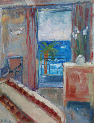 Peinture à l'huile d'une chambre avec vue sur la mer