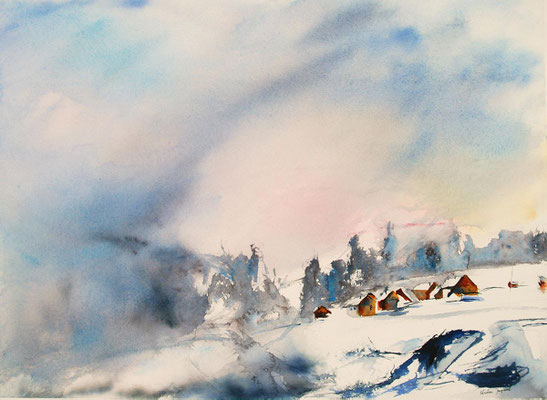 Aquarelle originale d'un hameau dans la montagne française