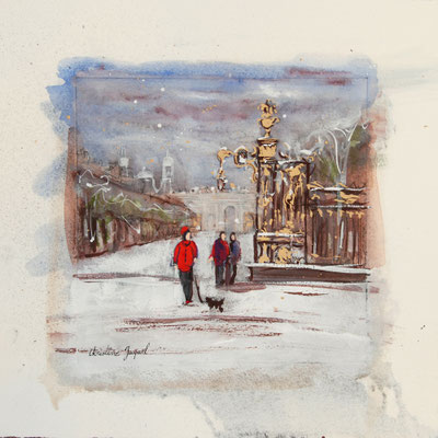 Technique mixte estampe et aquarelle place de la Carrière à Nancy