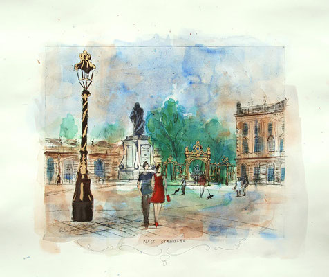 Estampe et aquarelle de la¨place Stanislas
