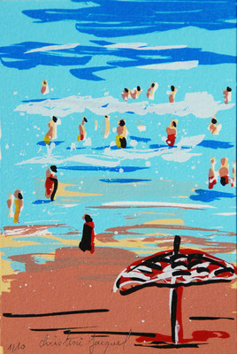 Sérigraphie d'une mer bleue en France en été avec des vacanciers dans les vagues,sérigraphie originale, série limitée,carte postale