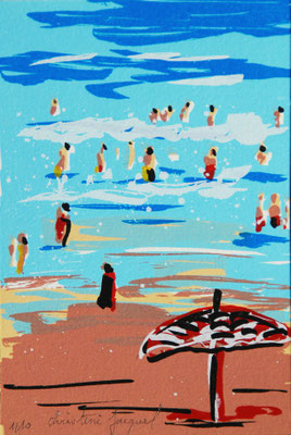 Sérigraphie d'une mer bleue en France en été avec des vacanciers dans les vagues,sérigraphie originale, série limitée,carte postale