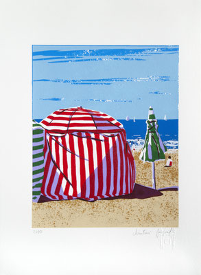 Sérigraphie originale de cabines de plage à Biarritz  28cmx 38cm