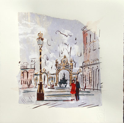 Technique mixte sérigraphie, collage et aquarelle place Stanislas à Nancy