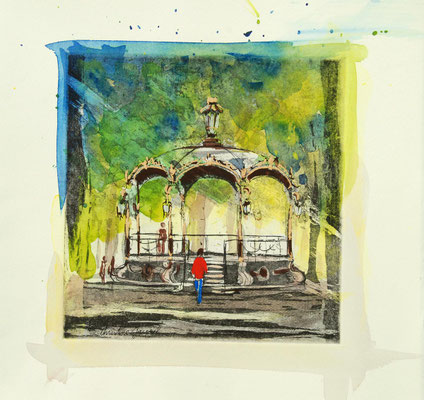 Technique mixte estampe et aquarelle du kiosque de la pépinière