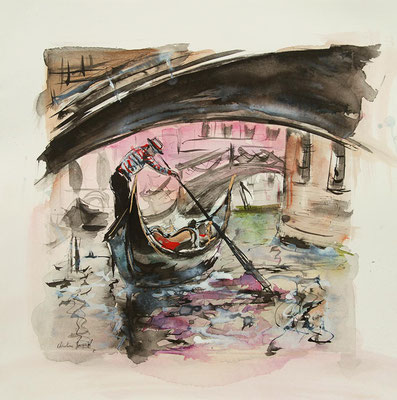 Aquarelle, gouache et encre d'une gondole à Venise