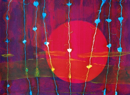Soleil rouge et rose sur fond violet, sérigraphie 56cm x76cm