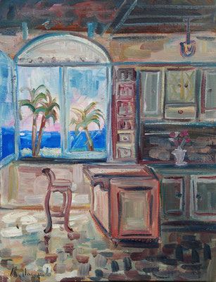 Peinture à l'huile d'une cuisine avec fenêtre sur la mer