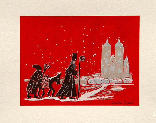 Sérigraphie originale rouge et brune de Saint-Nicolas en Lorraine