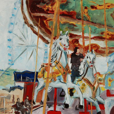 Peinture à l'huile du carrousel galopant 40cm x 40cm