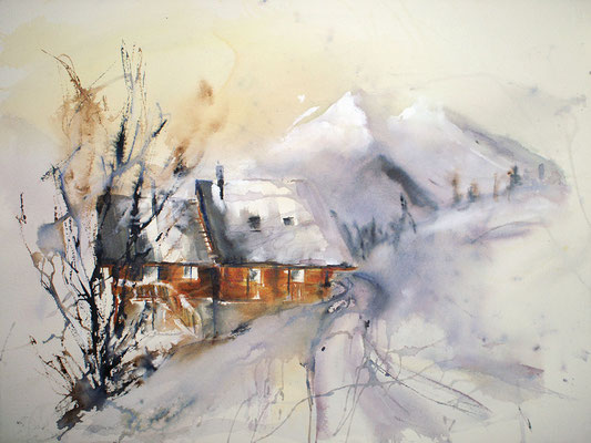 Aquarelle originale d'un chalet de haute montagne