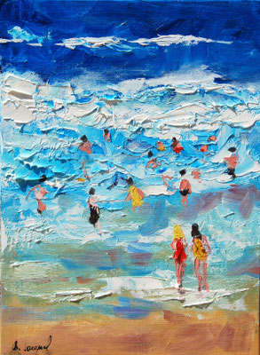 Peinture à l'huile de vacanciers dans les vagues 33cm x 24cm