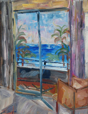 Peinture à l'huile d'une feêtre ouverte avec vue sur la mer