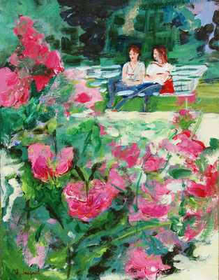 Peinture acrylique de 2 femmes à la roseraie 35cm x27cm