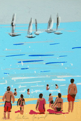 Sérigraphie originale d'une plage avec des vacanciers et des voiliers à l'horizon, série limitée à 9 exemplaires 10cm x 15cm