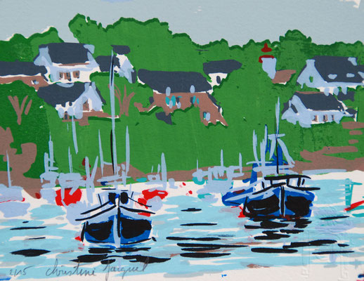 Sérigraphie originale du port de Doëlan, bateaux de pêches, 15 exemplaires numérotés 155 mn x120 mn