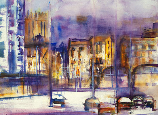 Aquarelle et collage de la ville de Nancy avec l'église Saint Léon