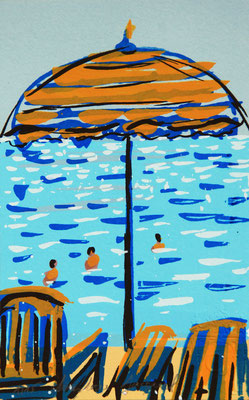 Paysage de bord de mer, vacances à la mer, sérigraphie originale, plage,parasol, mer turquoise, 15 exemplaires numérotés 10cm x 15cm
