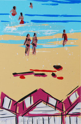 Sérigraphie originale d'un bord de mer avec des cabines de plages, 15 exemplaires numérotés, 10cm x 15cm
