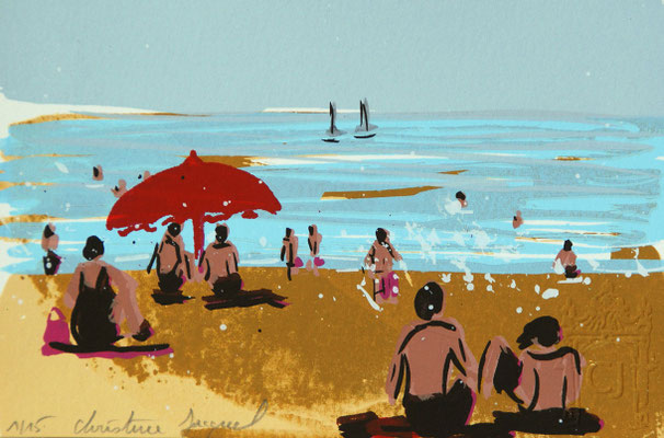 Sérigraphie originale,paysage de bord de mer,parasol rouge,baigneurs,vacances à la mer en France 15 exemplaires numérotés 10cm x 15cm