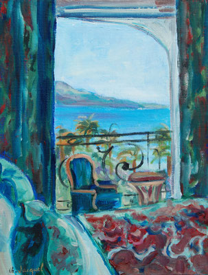 Peinture à l'huile d'un décor d'intérieur avec vue sur la mer