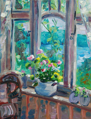 Peinture à l'huille un paysage à travers une fenêtre