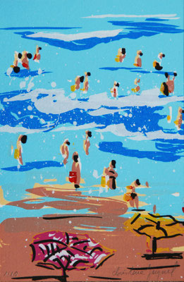 Sérigraphie originale d'une plage en France en été avec des vacanciers dans les vagues, série limitée