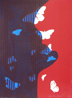 Papillons bleus et blanc Femme Sérigraphie originale