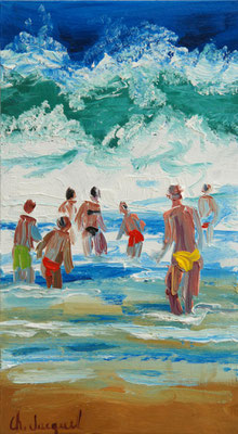 Peinture à l'huile de baigneurs dans la mer bleue 18cm x10cm
