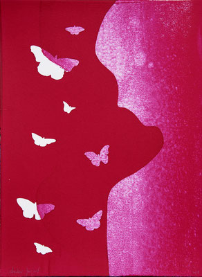 Profil de femme Papillons Sérigraphie originale 28 cm x 38 cm magenta rose 