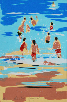 Sérigraphie en 10 exemplaires numérotés 10cm x 15cm de baigneurs dans la mer bleue