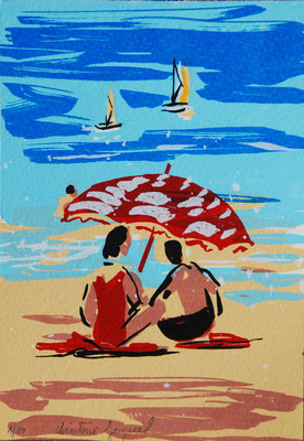 Sérigraphie originale de vacanciers sur une plage sous un parasol rouge, bateaux,série limitée à 10 originaux,paysage de bord de mer en été, 10cm x 15cm 